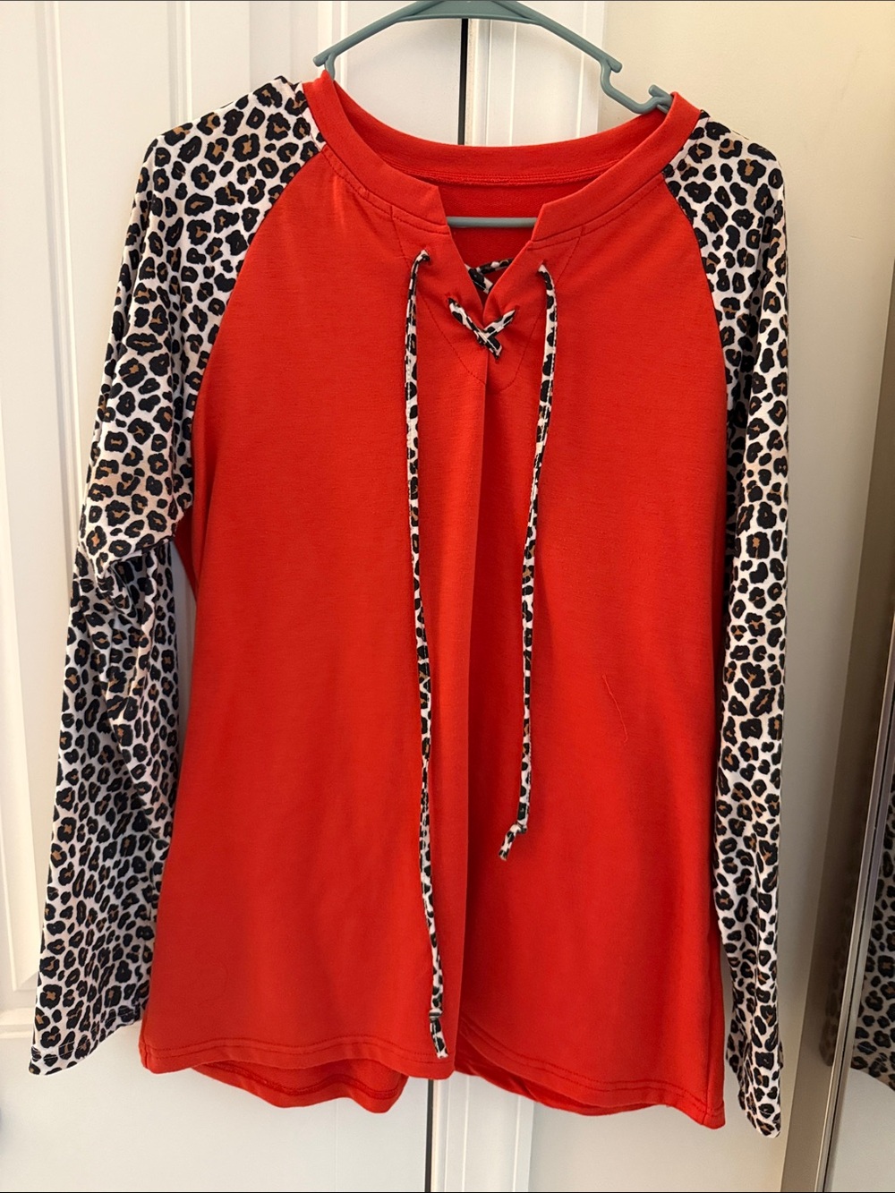 Red Raglan Top with Leopard Print Sleeves